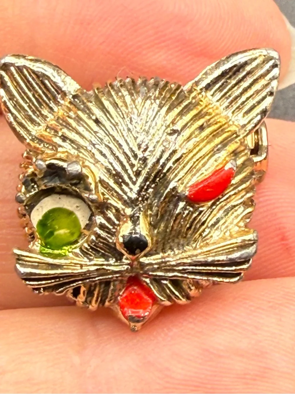 Gold Cat Face Pin Brooch with Winking Eye Red and Green Accents